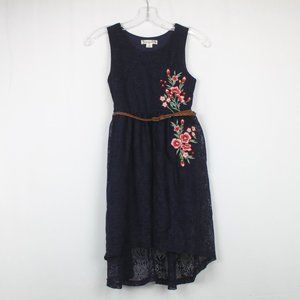 Knitworks Size 10 Girls Hi Lo Blue Dress Embroidered Flowers with Belt